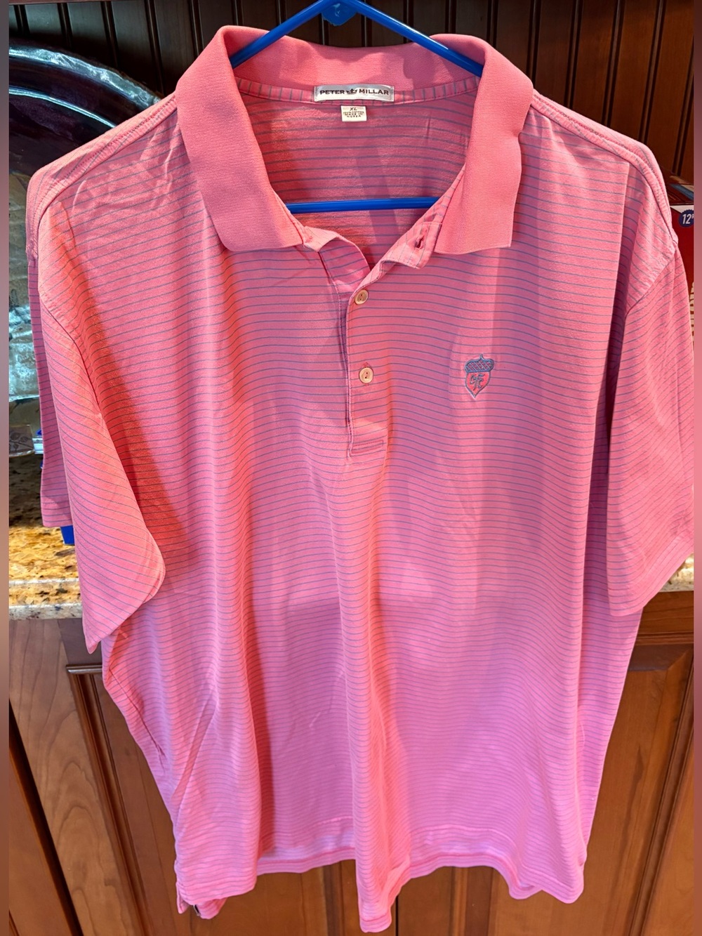 Peter Millar men’s golf polo. Sharp pink with micro blue stripes & logo. XL - Picture 4 of 6